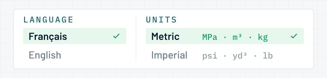 BuiltCold settings showing the language set to French and units set to metric.