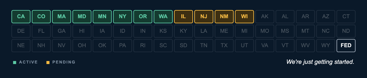 Map of US states with active and pending Buy Clean programs. Active: California, Colorado, Massachusetts, Maryland, Minnesota, New York, Oregon, Washington. Pending: Illinois, New Jersey, New Mexico, Wisconsin. We're just getting started.
