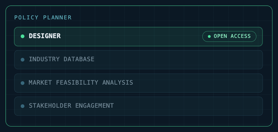 Policy Planner components. Policy Designer is open access. Industry Database, Market Feasibility Analysis, and Stakeholder Engagement shown alongside.
